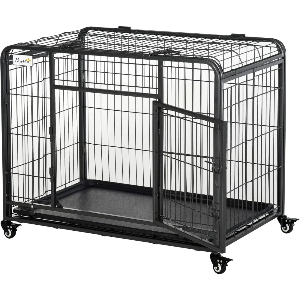 

Folding Design Heavy Duty Metal Dog Cage Crate & Kennel with Removable Tray and Cover, & 4 Locking Wheels, Indoor/Outdoor