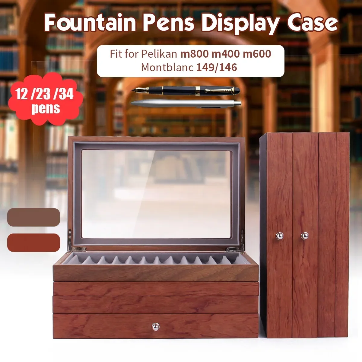 Wood Fountain Pen Display Storage Case Holder 12/23/34 Slots with Transparent Window Wooden Storage Collector Organizer Box