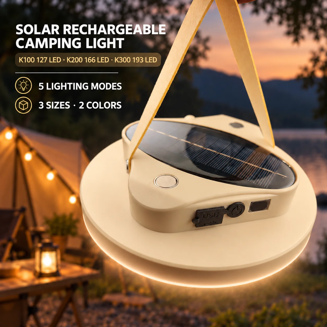 193 LED Camping Lantern 10400 mAh Solar Assisted Rechargeable Work Light 5-Mode Type-C USB-A Output IPX5 Magnetic Emergency Lamp