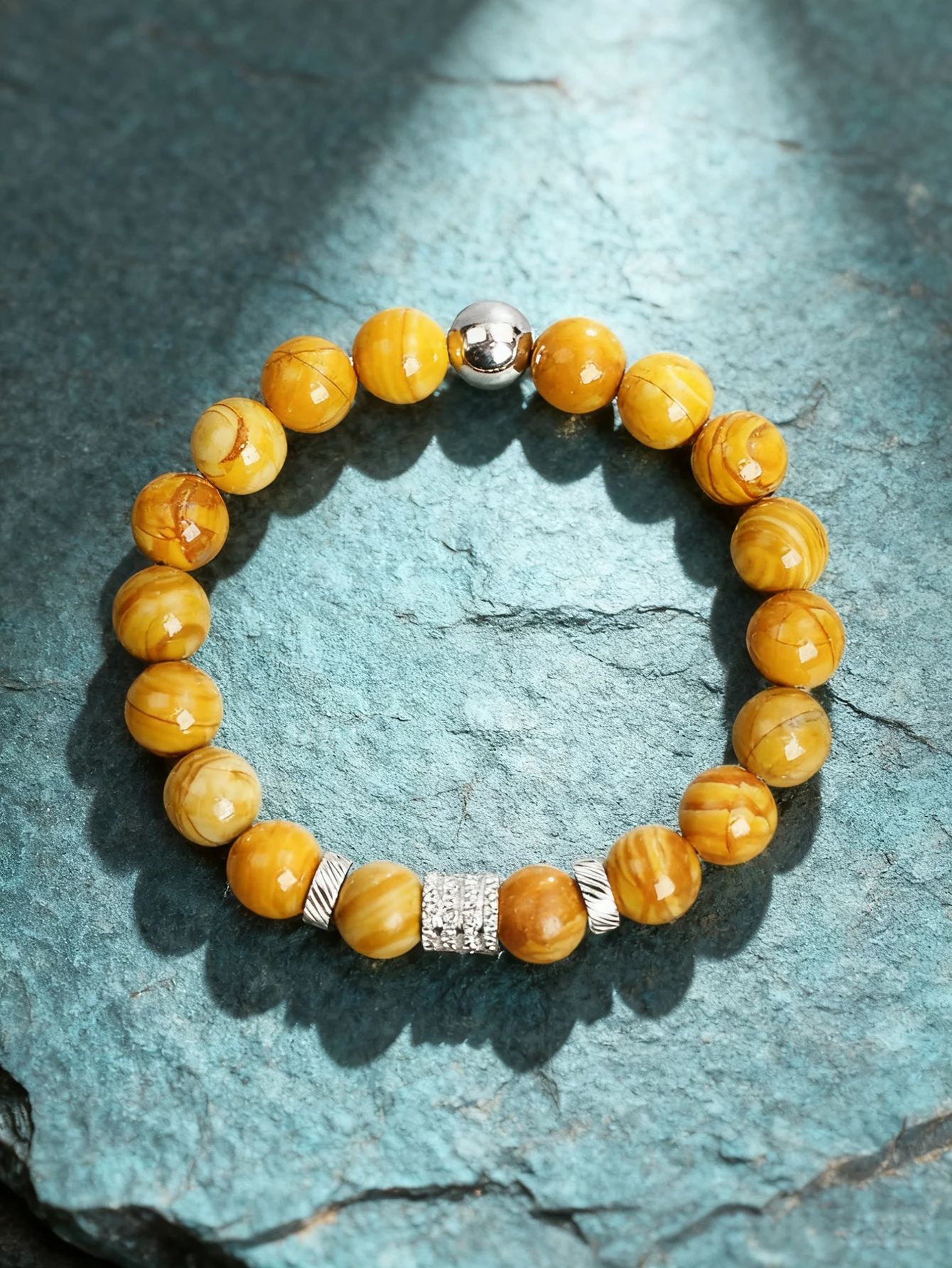 

Natural Stone Bracelet with 10mm Brown Wood Grain Stone Beads & Stainless Steel Spacers & Cylindrical Beads Vigour Jewelry Gift