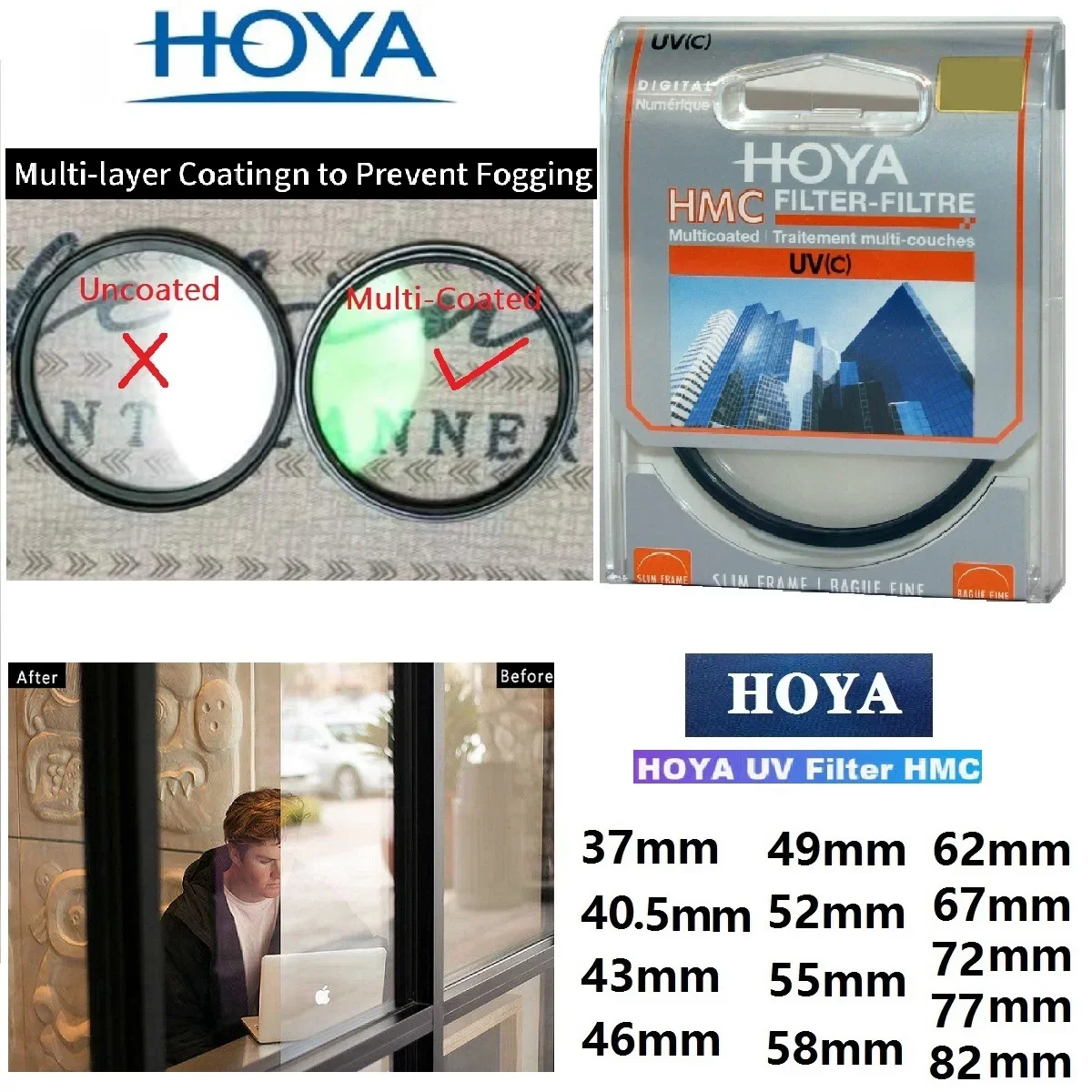 Hoya HMC UV(c) 렌즈 필터, 슬림 프레임 멀티 코팅 눈부심 방지 및 블루 라이트 필터, 37 40.5 43 46 49 52 55 58 62 67 72 77 82mm