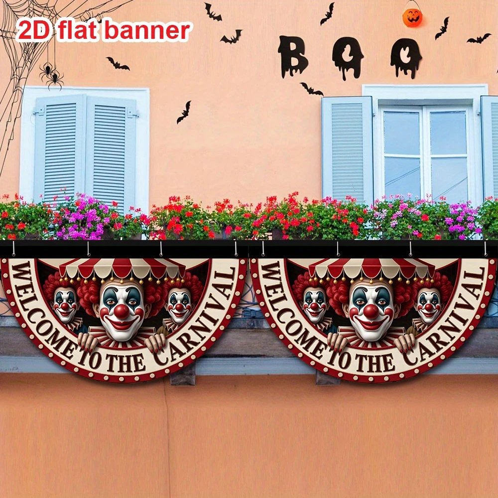 VIKAMA Evil Clown Carnival Half Round Banner Halloween Circus Theme Fabric Fan Flag Outdoor Porch Decor