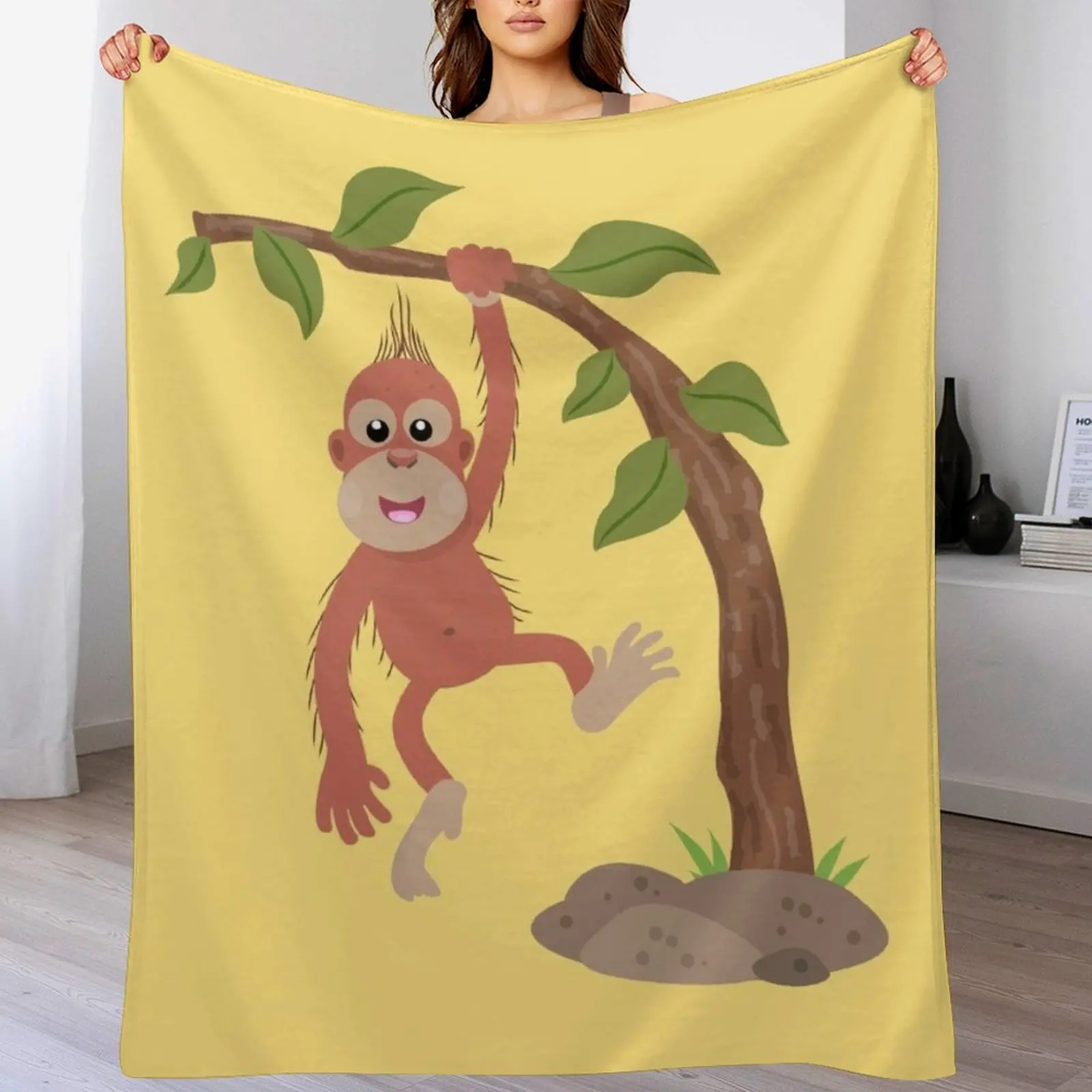 Cute happy baby orangutan cartoon illustration Throw Blanket