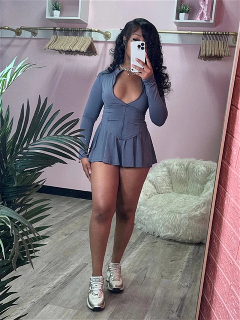 

Streetwear 2 Piece Sets Women Outfit Spring Clothing Women Full Sleeve Zip Up Jacket Top Skirt Sets Casual Two Pieces Dress Sets