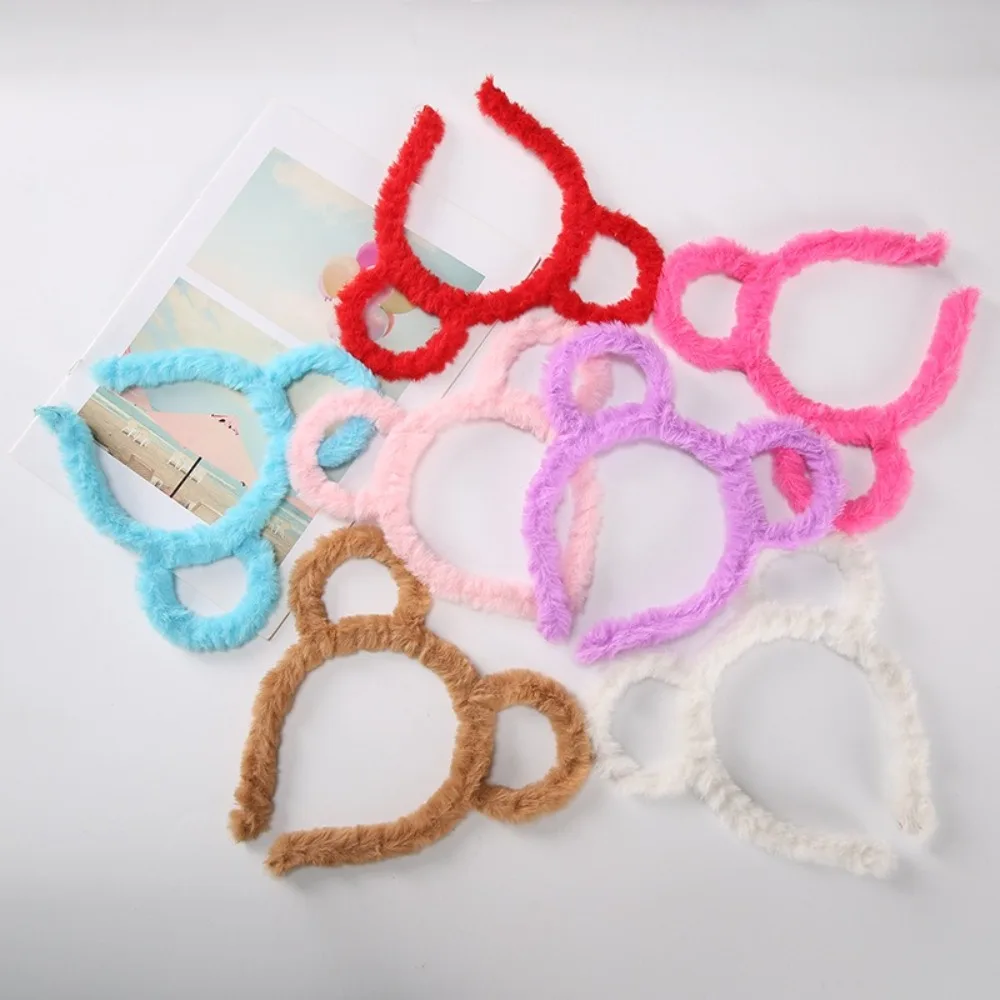 Winter Thick Headband Plush Round Mouse Bear Ears Design Hair Hoop Candy Color Barrettes for Women