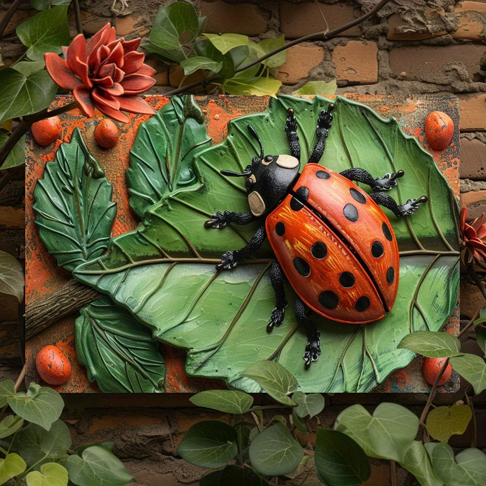 Ladybug Metal Sign Wall Art, Vintage Ladybug on Leaves Decor - Funny Wall Decor for Garden, Bedroom- Unique Christmas Gift Idea