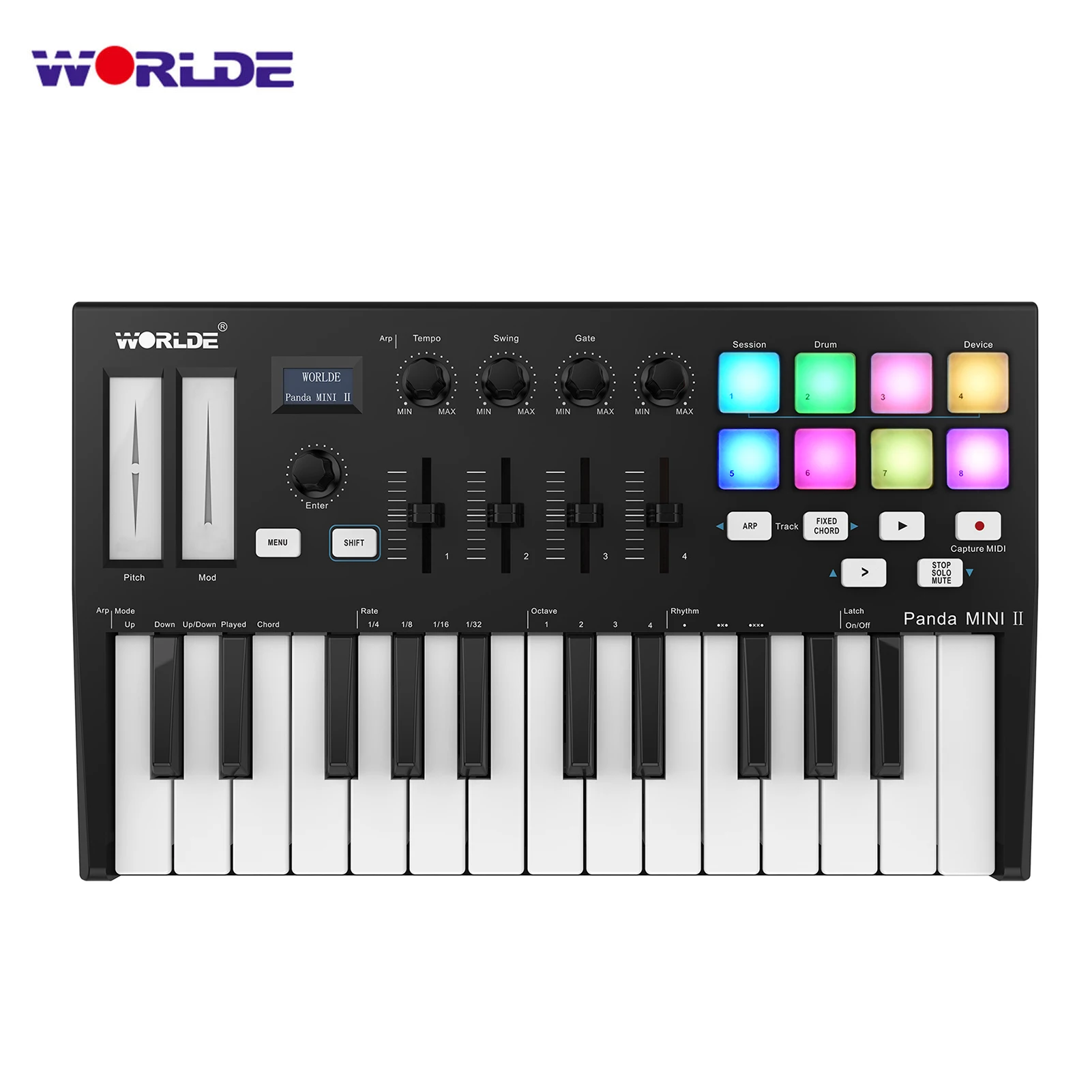 WORLDE Panda MINI II 25-Key USB MIDI Keyboard Controller 4 Assignable Control Knobs Sliders Portable 8 RGB Backlit Trigger Pads