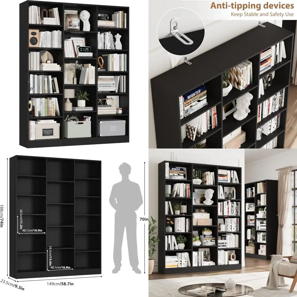 رف كتب كبير ثلاثي عريض مكون من 6 طبقات، وخزانة كتب مفتوحة بطول 74 طويلًا مع 17 رفًا للتخزين