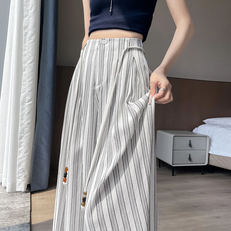 

Ice Silk Cotton Linen Striped Wide Leg Pants for Women Summer Lazy Style Straight Leg Casual Trousers Women Sun Protection Pants
