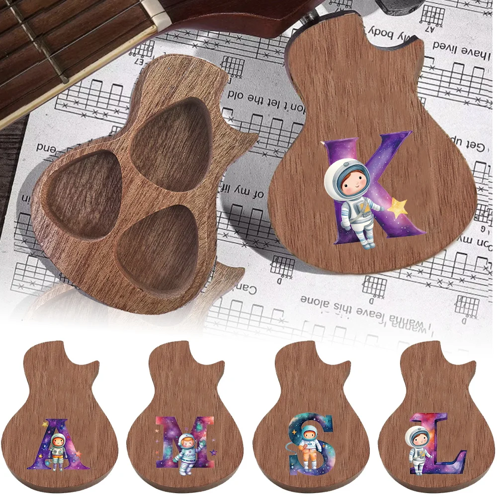 

1pc Wooden Guitar-Shaped Picks Container Secure Case Prevents Loss Musical Instrument Accessory Initial Name 26 Letters Pattern