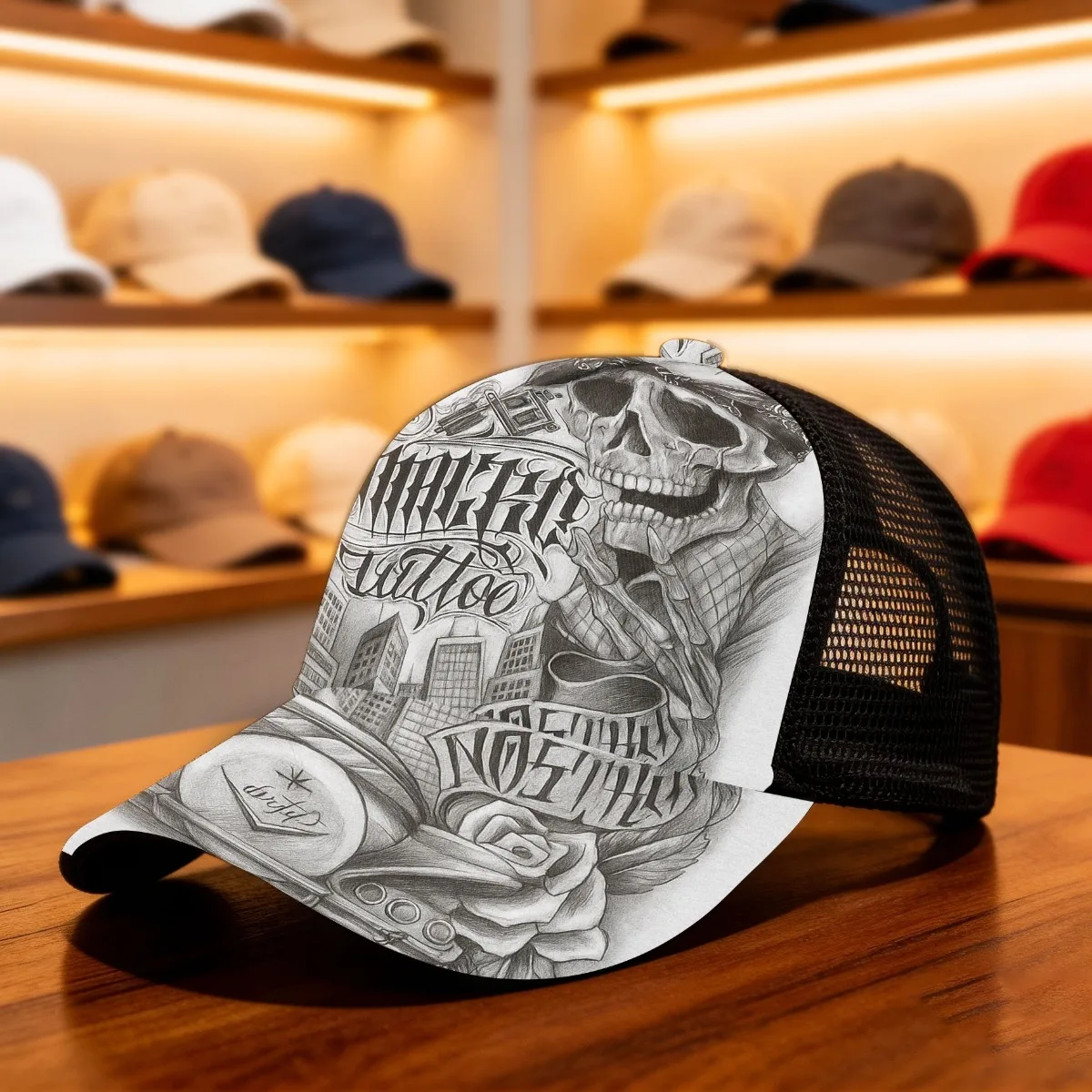 1pc Tattoo Art And Chicano Style All Over Print Duckbill Hat Mesh Cap Durable Headwear Stylish Versatile Really Cool