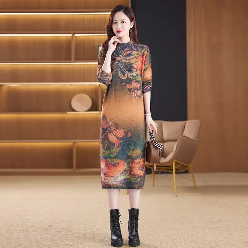 

Women's Woolen Sweater Dress Thickened Mid Length Knitted Base Mother's Half High Collar Printed Dress Autumn Winter Shirt Z4374