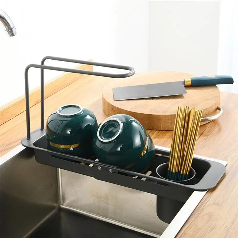 HLZS-Stainless Steel Draining Rack Expandable Sponge Holder For Kitchen Sink Dish Drying Rack For Kitchen Counter