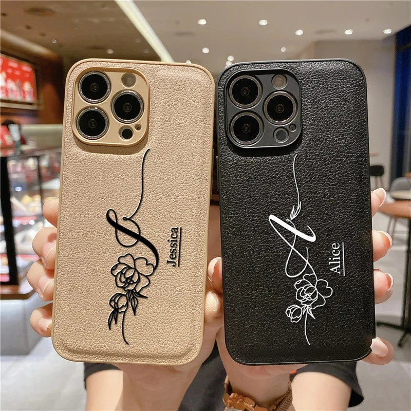 11 Pro Max Case Personalised Customized Name Leather Luxury pattern Cover For iPhone 16 15 14 13 12 Pro Max XR XS Max 7 8 Plus