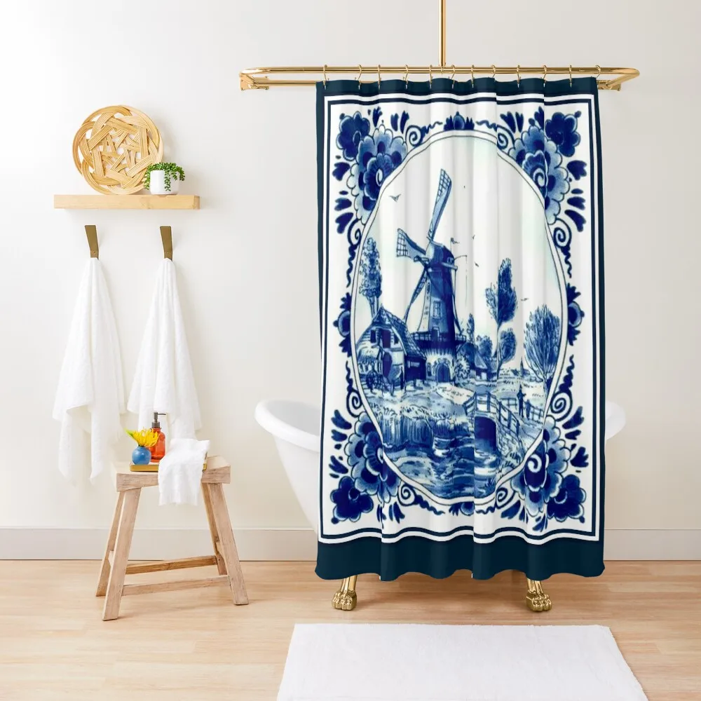 

DUTCH BLUE DELFT : Vintage Windmill and Bridge Print Shower Curtain For Shower Cute Shower Waterproof Curtain