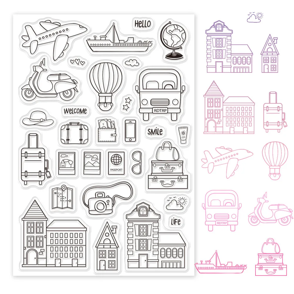 1Sheet Travel Theme Clear Stamps Construction Transportation Silicone Clear Stamp Seals for Cards Making DIY Scrapbooking Photo