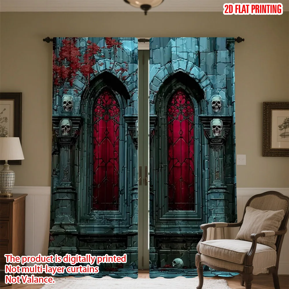 2pcs 2D flat printing Halloween Window Curtains Skull_ grim corridor_ Versatile 100% Polyester Without Electricity Family Party
