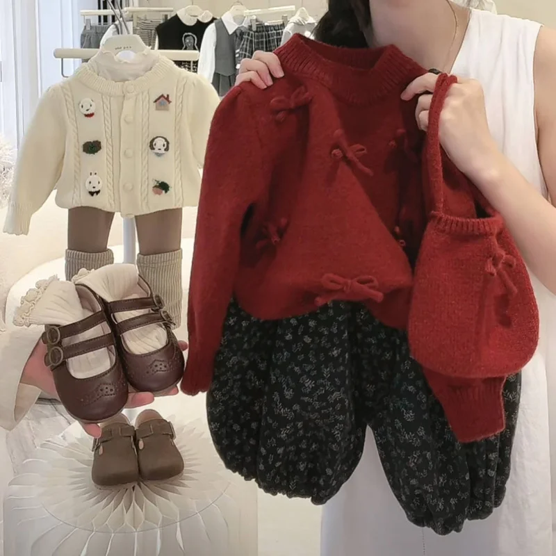 Suéter dulce para niña primavera y otoño nuevo jersey de punto con nudo dulce rojo para bebé ropa bonita de moda para niños