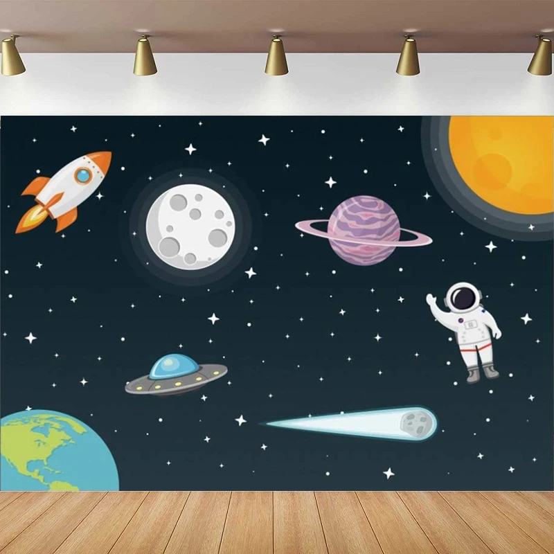 Outer Space Rocket Astronaut Photography Backdrop For Kids Universe Planet Galaxy Birthday Party Poster Decor Banner Background