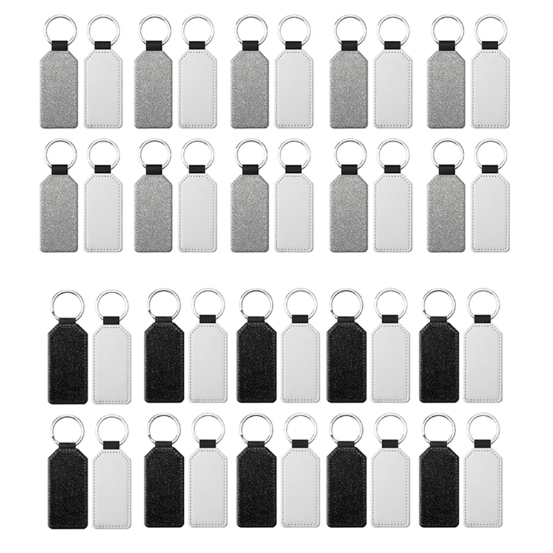 20 Piece Sublimation Blanks Keychain Glitter PU Leather Keychain Heat Transfer Keyring Sublimation Blank Rectangle Black