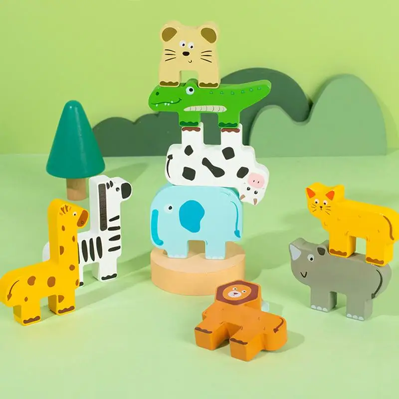 Brinquedos de empilhamento de animais de madeira, blocos de construção de animais, brinquedo realista de imagem de animal, brinquedo de aprendizagem para casa, ar livre, escola, viagem