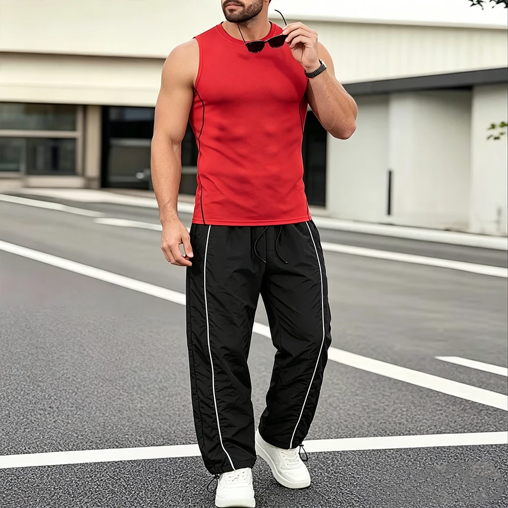 Mens Sleeveless Compression Vest Side Stripe Drawstring Hem Track Pants Elastic Waist For Casual Gym Athletic Running Outfit