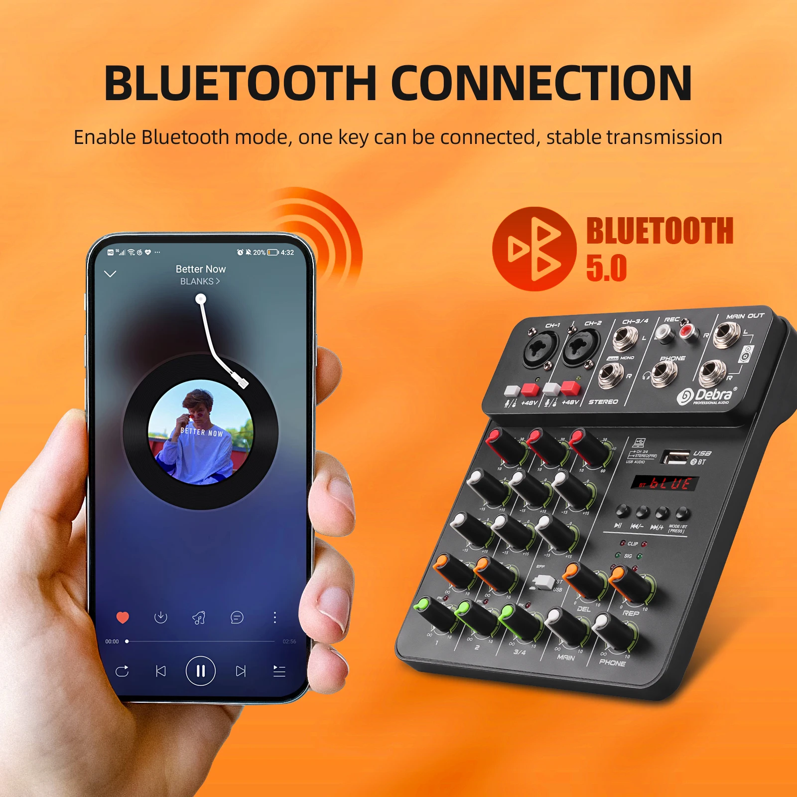 Imagem -03 - Mixer de Áudio Canais com Bluetooth Usb 48v Phantom Power Reprodução Habilitada Efeitos para Consoles de Mistura Gravação pc Novo Ikge-v4