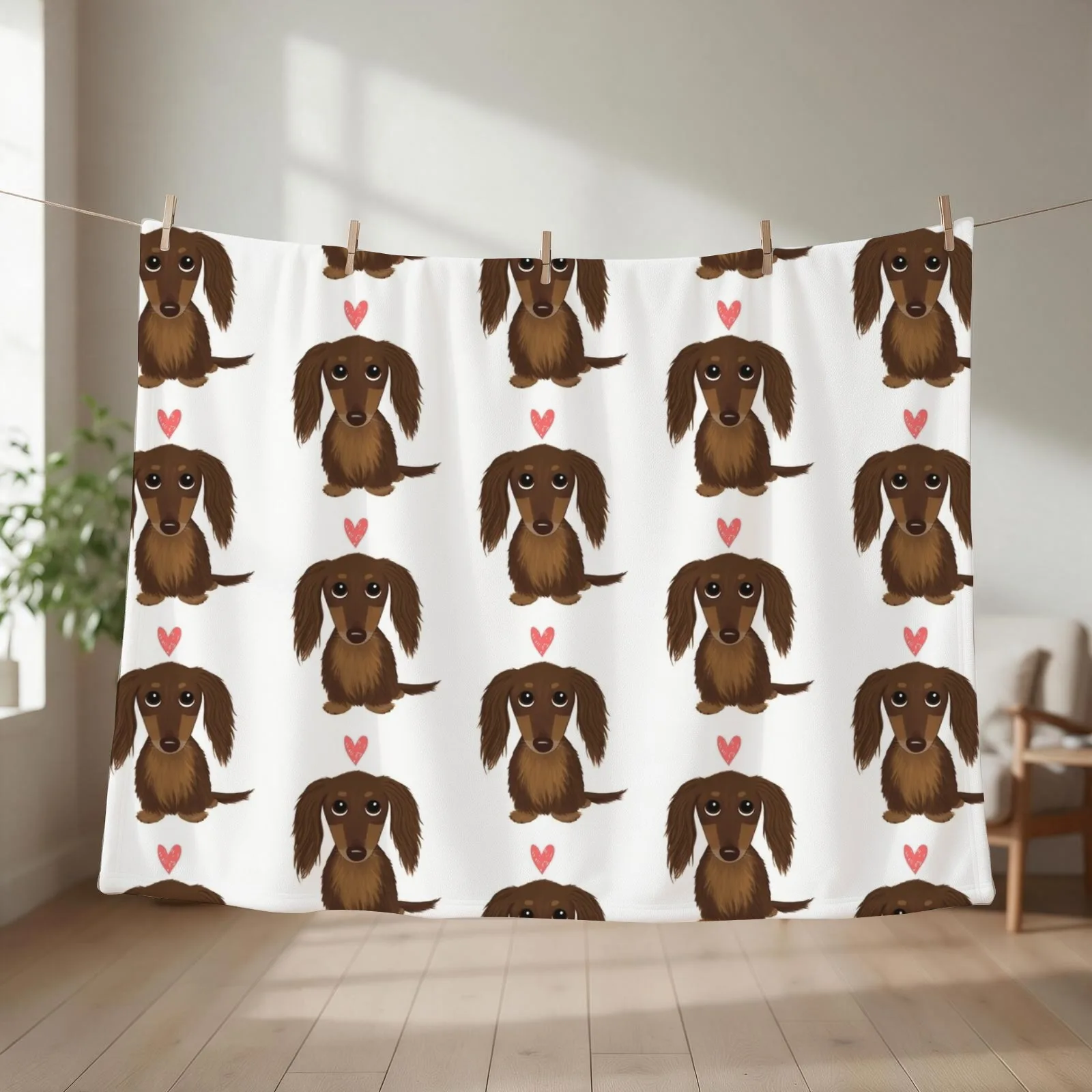 Longhaired Chocolate Dachshund | Cute Wiener Dog with Heart Throw Blanket couch cozy soft plush fuzzy picnic outdoor blanket