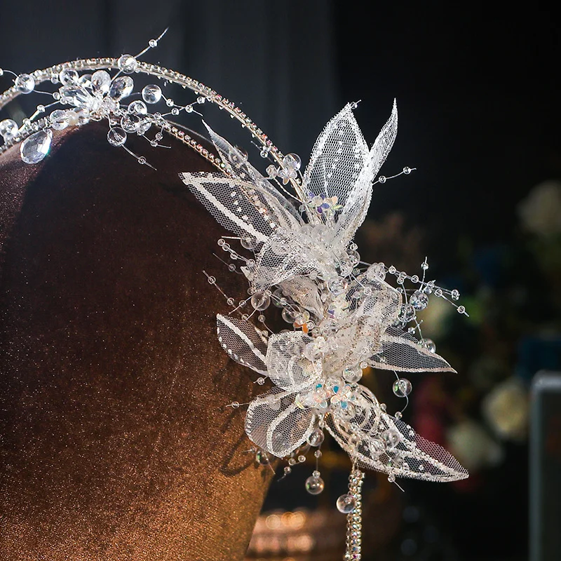 New Bride Headwear Saint Girl Crown Glass Tassel Hair Band Light Luxury Atmosphere Fairy Beauty Wedding Hair Accessories