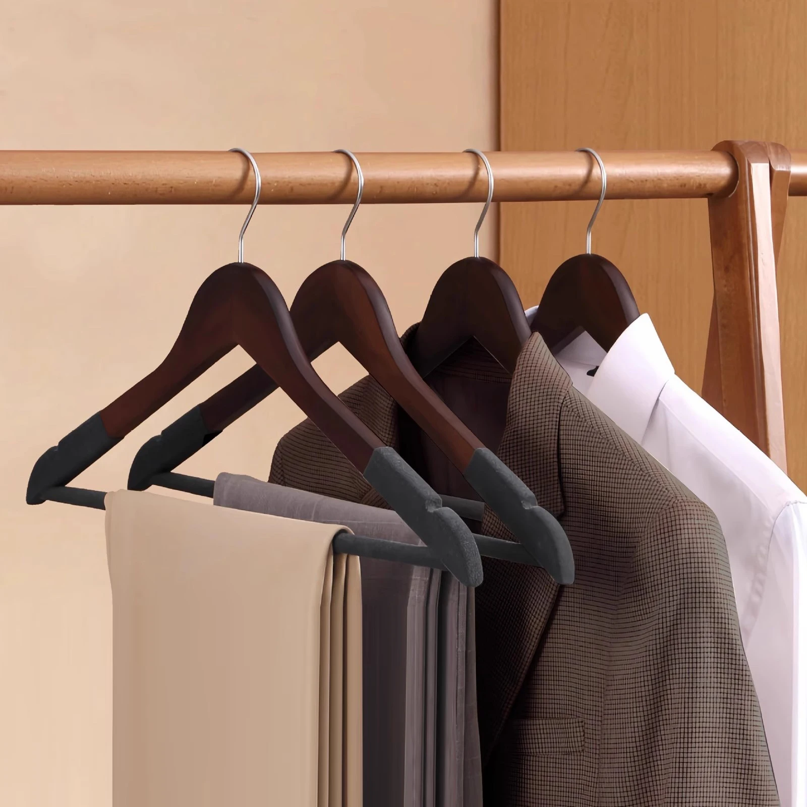 5pc/lot Non Slip Flocked Wooden Hanger, Solid Wood Traceless Clothes Hanger, Flocked Garment Support for Boutique Closet Storage