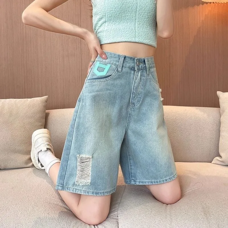 

Ripped Five-point Denim Shorts Women's Summer Thin New High-waisted and Thin Wide-legged 5-point Medium Pants for Small People