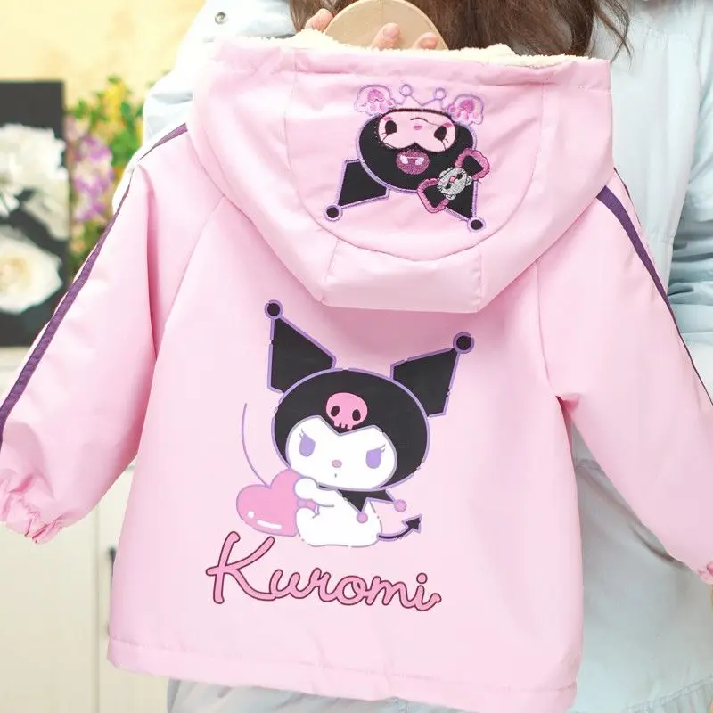 

2025 Autumn Winter New Baby Girls Hooded Jacket Sanrio Kuromi Print Lights Up Thicken Velvet Zipper Coat 2-10Years Kids Clothes