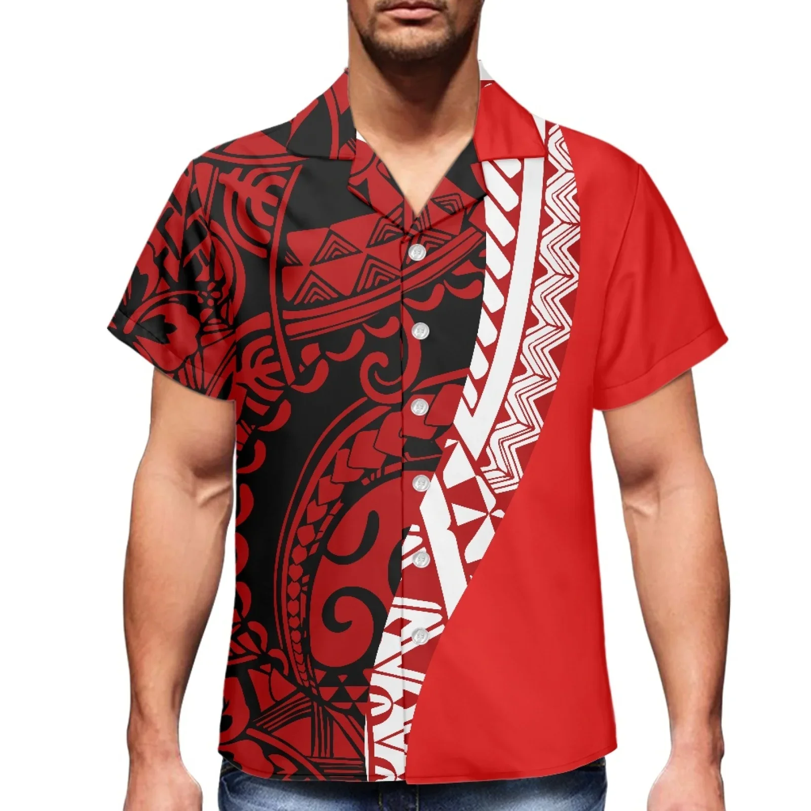 Polynesian Tonga Hawaii Fiji Guam Samoa and Pohnpei Tribal Tattoo Red Prints Couple Clothes Suits,Women Dress,Matching Men Shirt