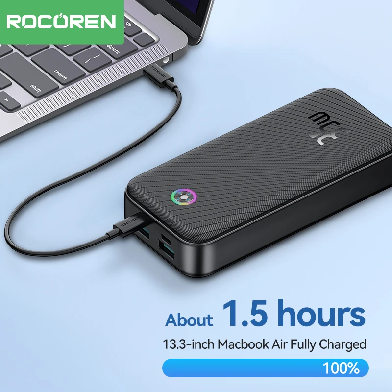 Rocoren 22.5w 20000mah power bank qc pd 3.0 carga rápida powerbank portátil 10000mah bateria externa para iphone 16 pro xiaomi mi