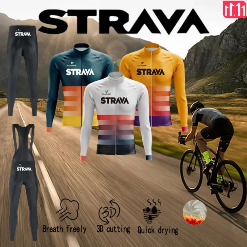 

Strava Cycling Men's Winter Long Sleeve Bib Suit Warm Cycling Jacket Jersey Mountain Road Bike Christmas Thanksgiving Gifts