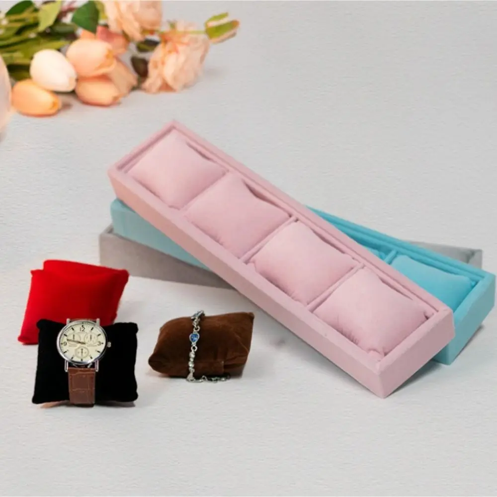 4 Slots Velvet Jewelry Organizer Bracelet Watch Display Solid Color Flannel Storage Tray with Soft Pillow Jewelry Storage Tray