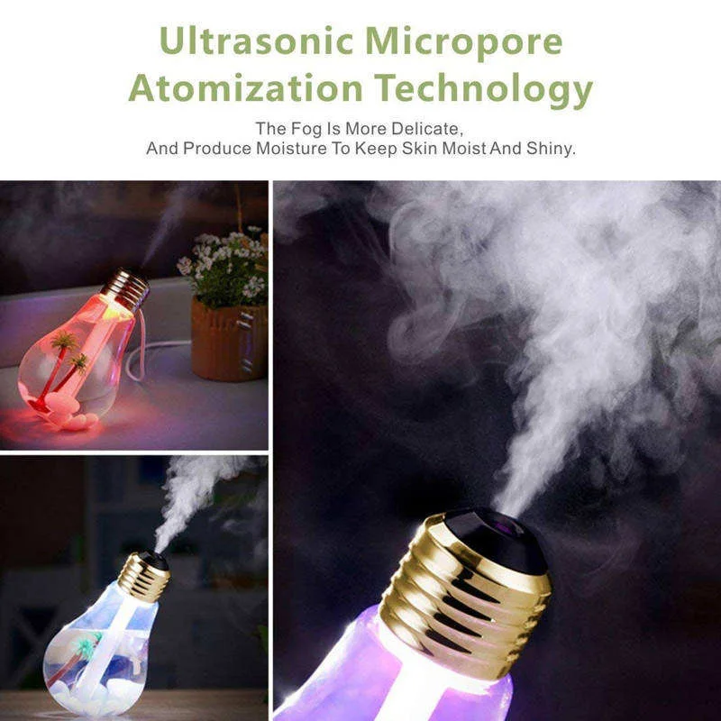 USB Air Humidifier Bulb Lamp Shape Decorative Lights Atomizer With Colorful LED Night Light for Office Desk Bedroom Home Decor