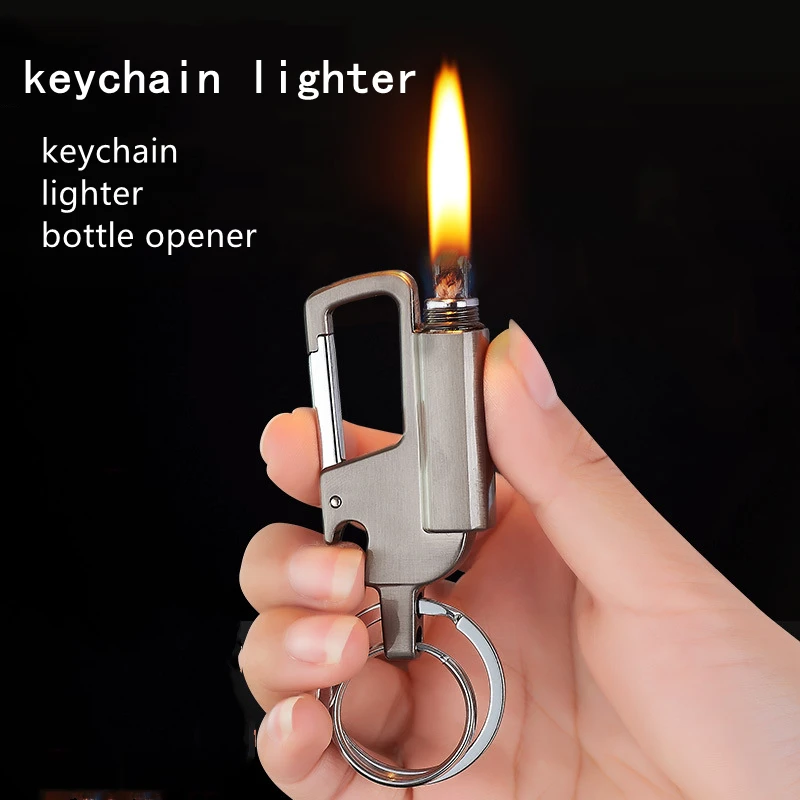 Metal Kerosene Lighter Retro Grinding Wheel Waterproof Lighter Keychain Bottle Opener Outdoor Windproof Lighter Men\'s Gift