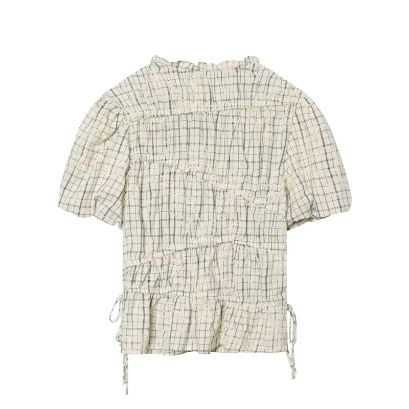KEYANKETIAN 2026 Summer New Woman Romantic Plaid Ruffle Neck Blouse Ruched Drawstring Waist Puff Sleeve Casual Pullover Top