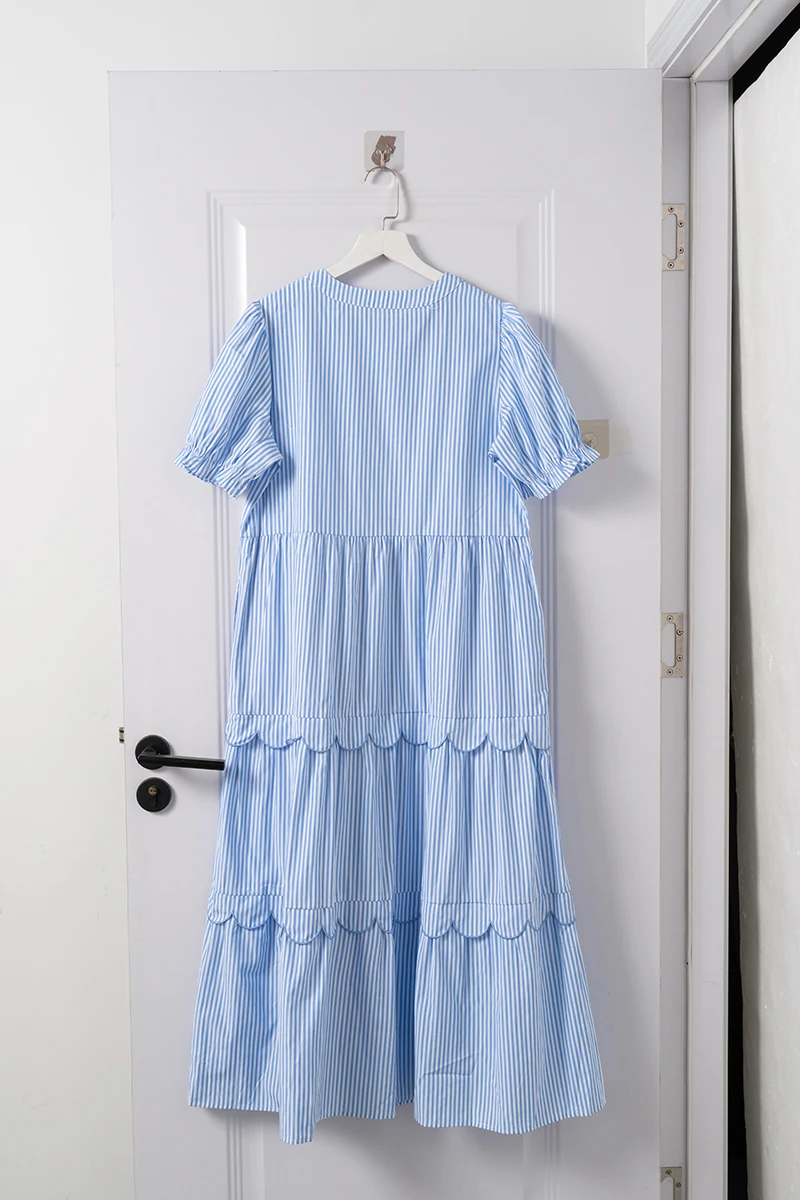 Verão nova camisa listrada vestido feminino 2025 o-pescoço mangas puff casual solto babados em camadas midi vestidos femininos