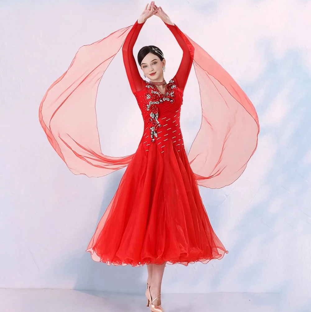 왈츠 의상 데칼 현대 스 트리머 스포츠 댄스 드레스 긴 소매 표준 성능 드레스 라인 석 블루 레드