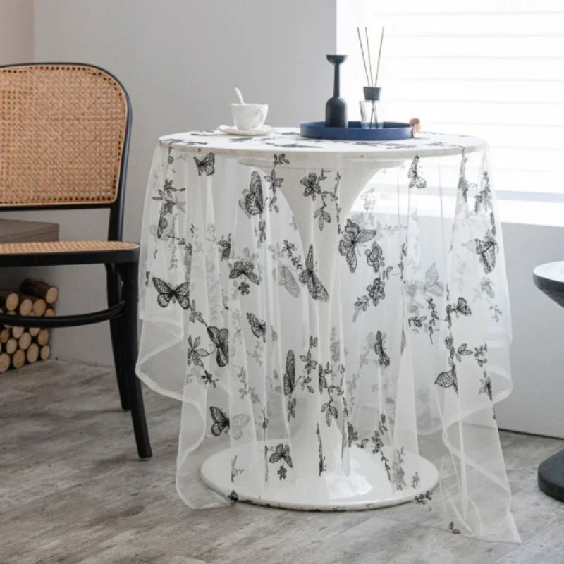 

Embroidery Table Cloth Round White Flower Butterfly Rose Garden Balcony Home Decoration High Quality Transparent Lace Tablecloth