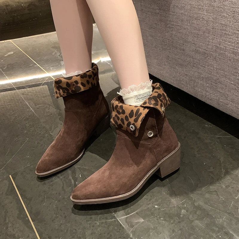 

Leopard Winter Sexy Women Ankle Boots Autumn Chelsea Boots Female Retro Pointed Toe Big Size Shoes for Women Zapatos De Mujer