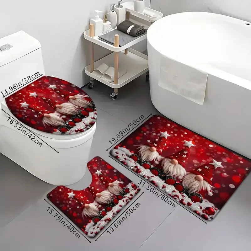 VIKAMA Christmas Gnome Bathroom Rug Set 3 Piece Red Non Slip Absorbent Bath Mat Toilet Lid Cover For Shower Tub Xmas Decor