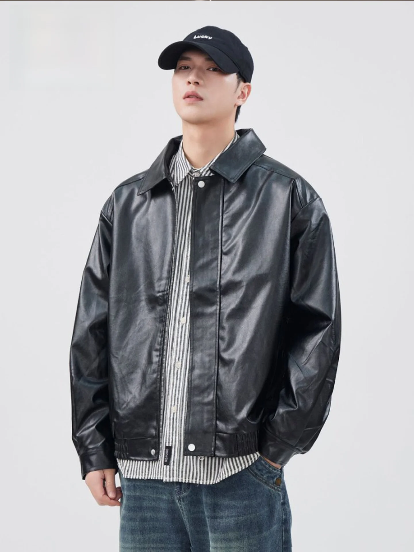 

Hong Kong Trendy American Retro Flip Collar PU Leather Jaet Men's Autumn Winter High End Feeling Haome Jaet Coat