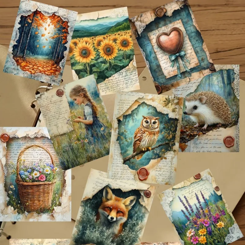 15pcs Cute Vintage and worn-out torn paper forest Junk Journal Stickers DIY Laptop Waterproof DIY Decals Sticker For Stationery