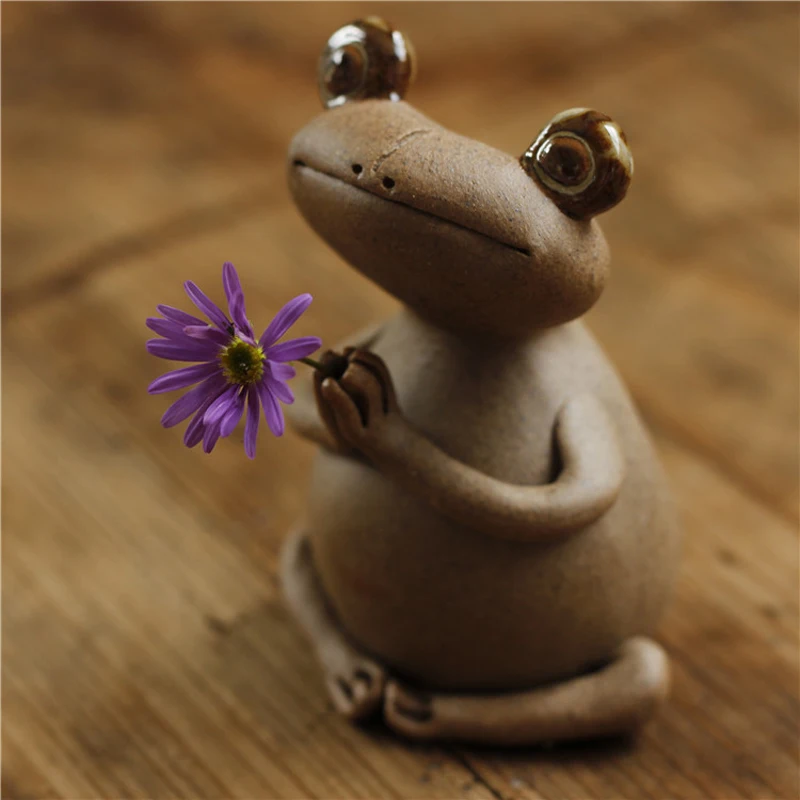 Creative Frog Tea Pet Smile Incense Holder, Handmade Chinese Animal Cute Figurine Tea Sets, Zen Gongfu Tea Accessories Decor