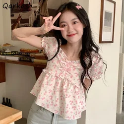 Floral Blouses for Women Sweet Puff Short-sleeve Crop Tops All-match Cute Girlish Summer Daily Casual Ulzzang Style Fashionable