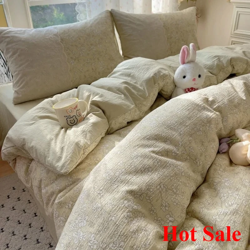 

2025 small floral cloud wrinkle double yarn bed four-piece set princess lace quilt cover three-piece bed sheet set