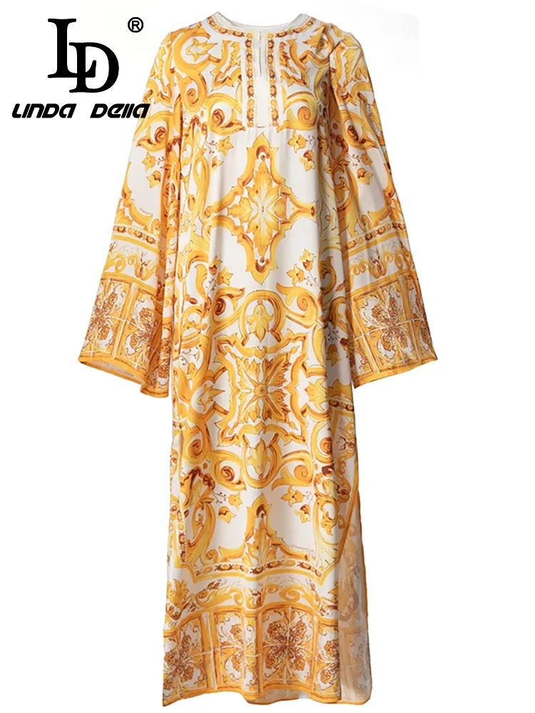 

LD LINDA DELLA Fashion Designer Summer Dresses Women's Chic Bohemian Print Loose Flutter Side Split Temperament Robe Dresses